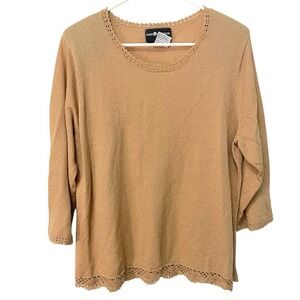 Sag Harbor 1X Tan Knit Top Crochet Trim 3/4 Sleeve Coastal Grandma‎ Boho